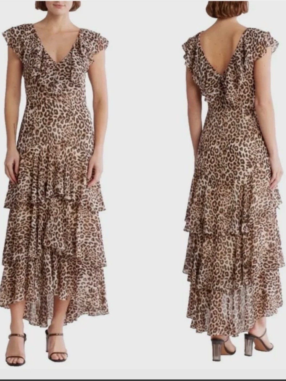 Wayf Leopard Print Ruffle High-Low Maxi Dress - Brown & Cream